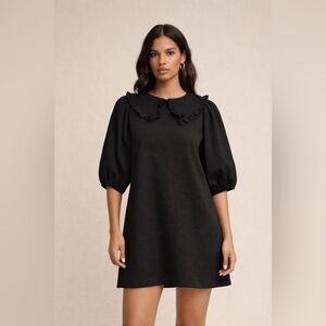 Zara Black Textured Mini Dress Ruffle Peter Pan Collar Puff Sleeve Size S